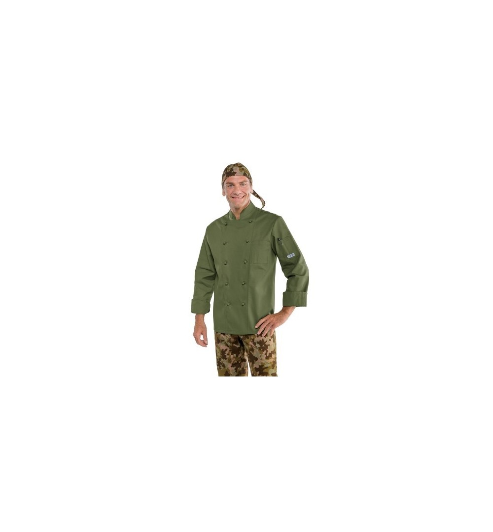 Completo Giacca Cuoco Verde Militare + Pantalone In Fantasia Mimetica Verde Militare