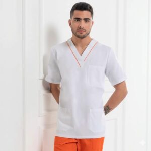 casacca medicale con scollo a V in cotone con bordo in contrasto