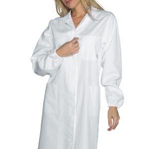 Camice da laboratorio bianco da donna maniche lunghe gr. 190, bottoni a scomparsa elastico ai polsini