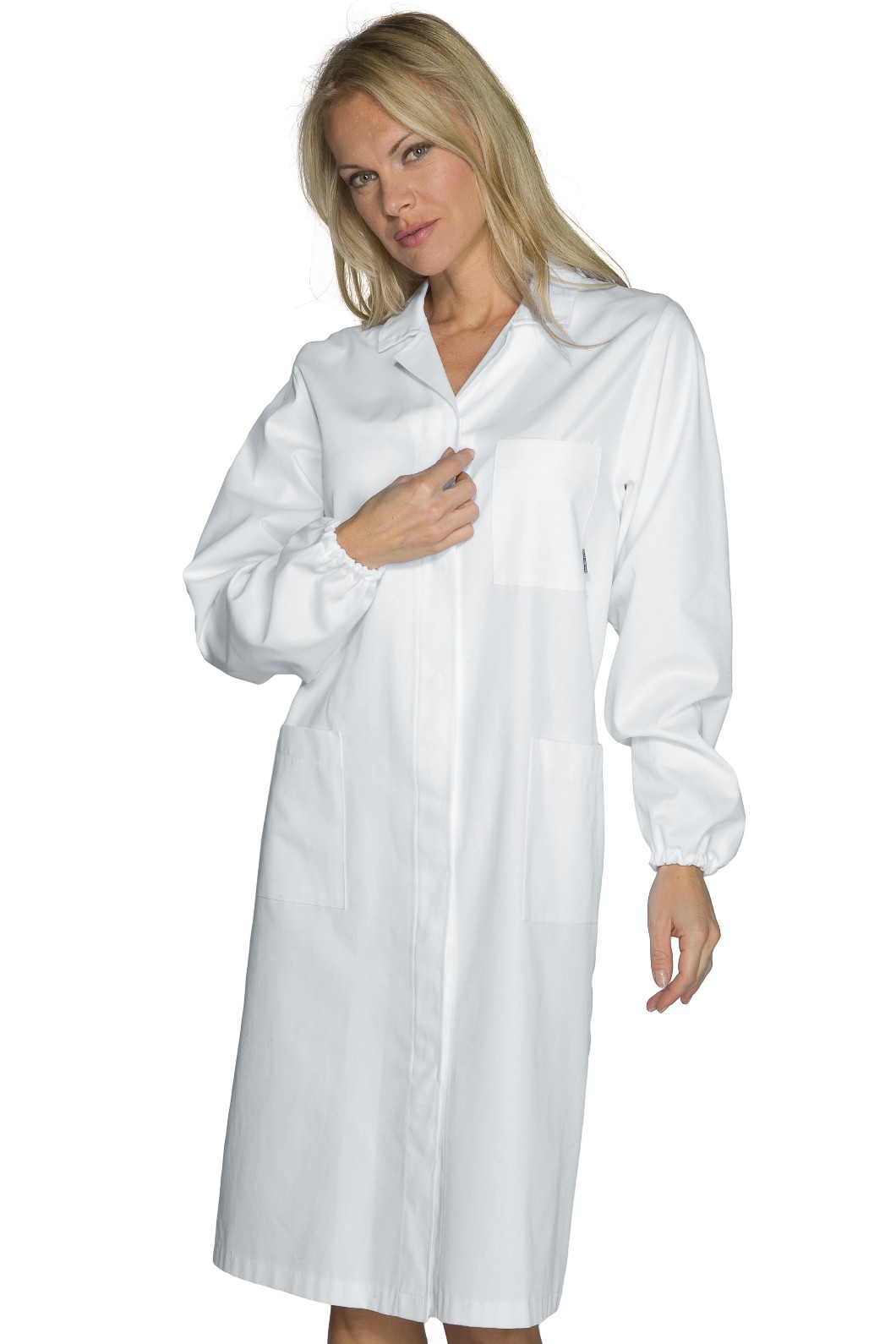 Camice da laboratorio bianco da donna maniche lunghe gr. 190, bottoni a scomparsa elastico ai polsini - immagine 4