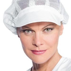 Cappellino, cuffia bianco con rete contenitiva per capelli e frontalino per alimentare