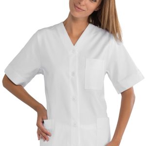 Casacca Corta Bianca Aperta in Cotone da Donna Collo a V a Maniche Corte