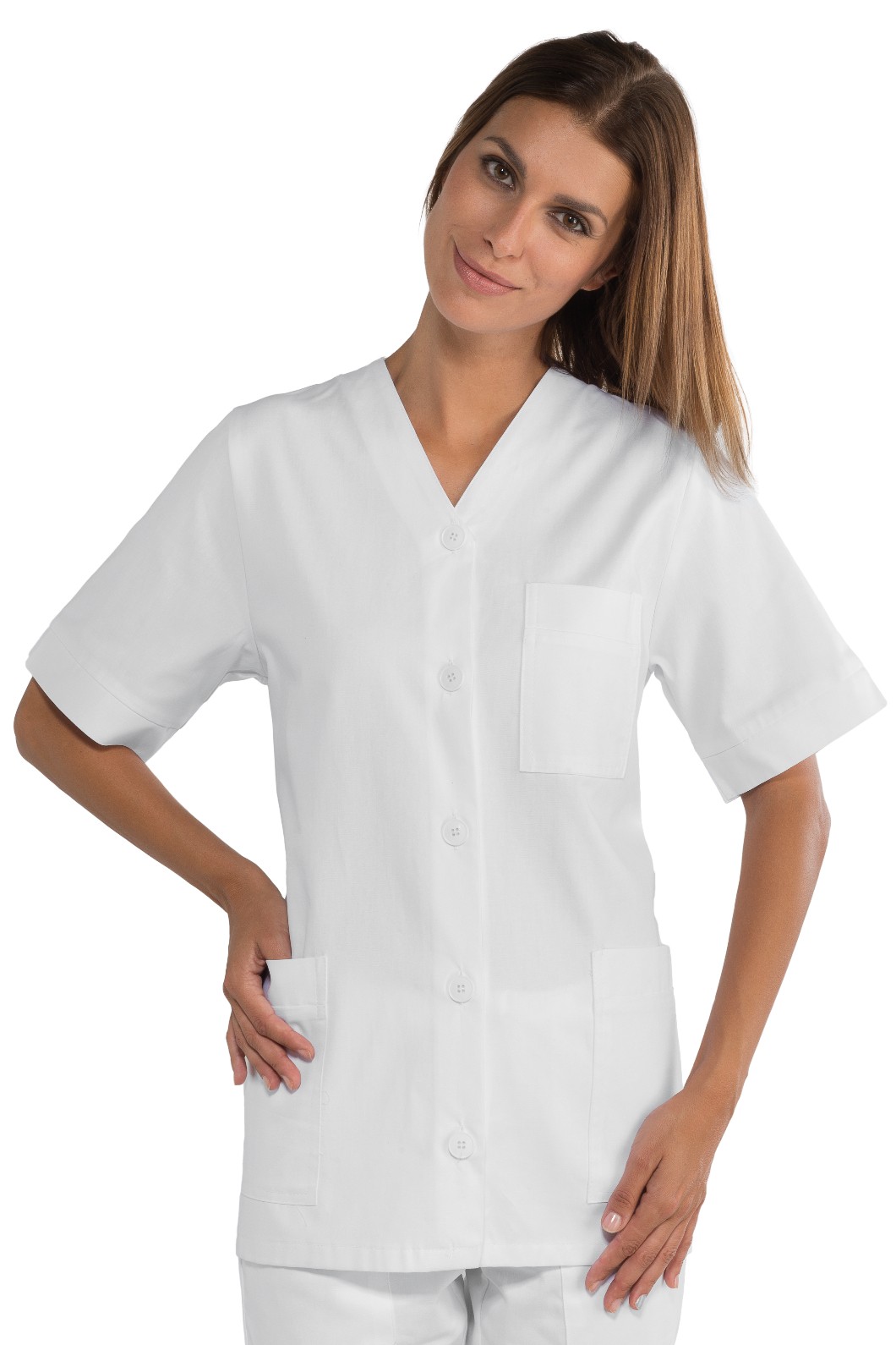 Casacca Corta Bianca Aperta in Cotone da Donna Collo a V a Maniche Corte