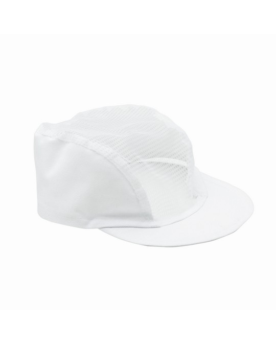 Copricapo in rete con visiera rigida ed elastica alla nuca.