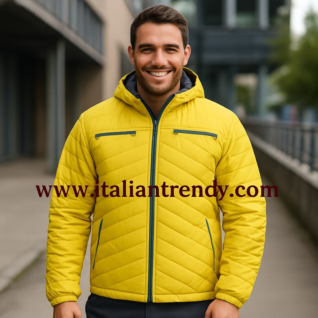 Giubbotto Uomo Imbottito Blu Grigio Giallo Con Cappuccio E Zip Peso Medio Per Divise da Esterno - immagine 2