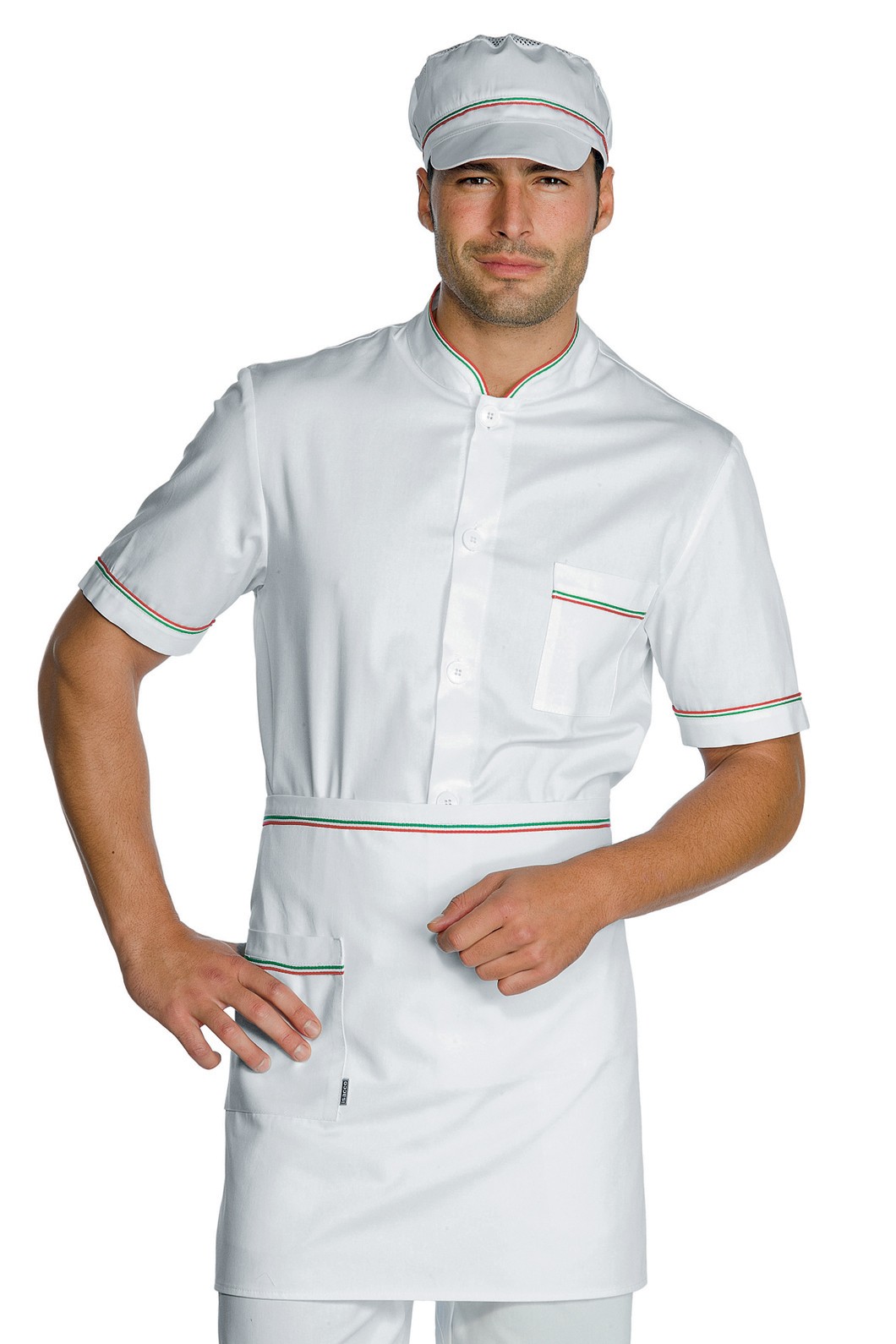 Grembiule a Vita Con Tasca Davantino Corto 70X46 Per Cuoco Chef Bianco + Riga Nera o Tricolore - immagine 3