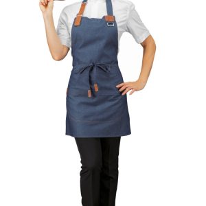 Grembiule Pettorina corta  in Chambray  Jeans, Blu O Nero Con Inserti Pelle