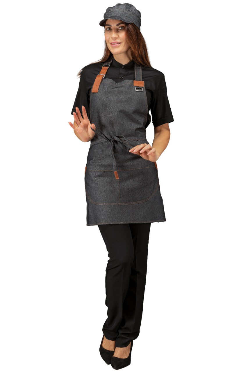 Grembiule Pettorina corta in Chambray Jeans, Blu O Nero Con Inserti Pelle - immagine 2