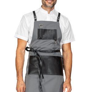 Grembiule Pettorina Nero, Grigio, Smoke, con Inserti Ecopelle Nera. Divisa Per Ristorazione. Parrucchieri