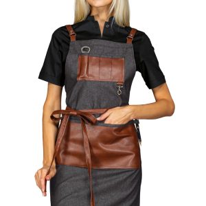 Grembiule Pettorina Jeans, Black Jeans. Tasche e Inserti In Cuoio. Divisa Per Pub, Ristoranti