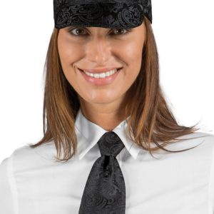 Cravattina con Nodo Unisex. Fantasia Damascata, In Nero Lucido. Ideale per il Settore Alberghiero e Ristorazione