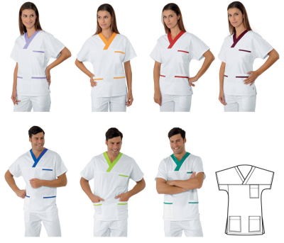 Casacca unisex biannca scollo a V con inserto coloratoo mezza manica gr. 190