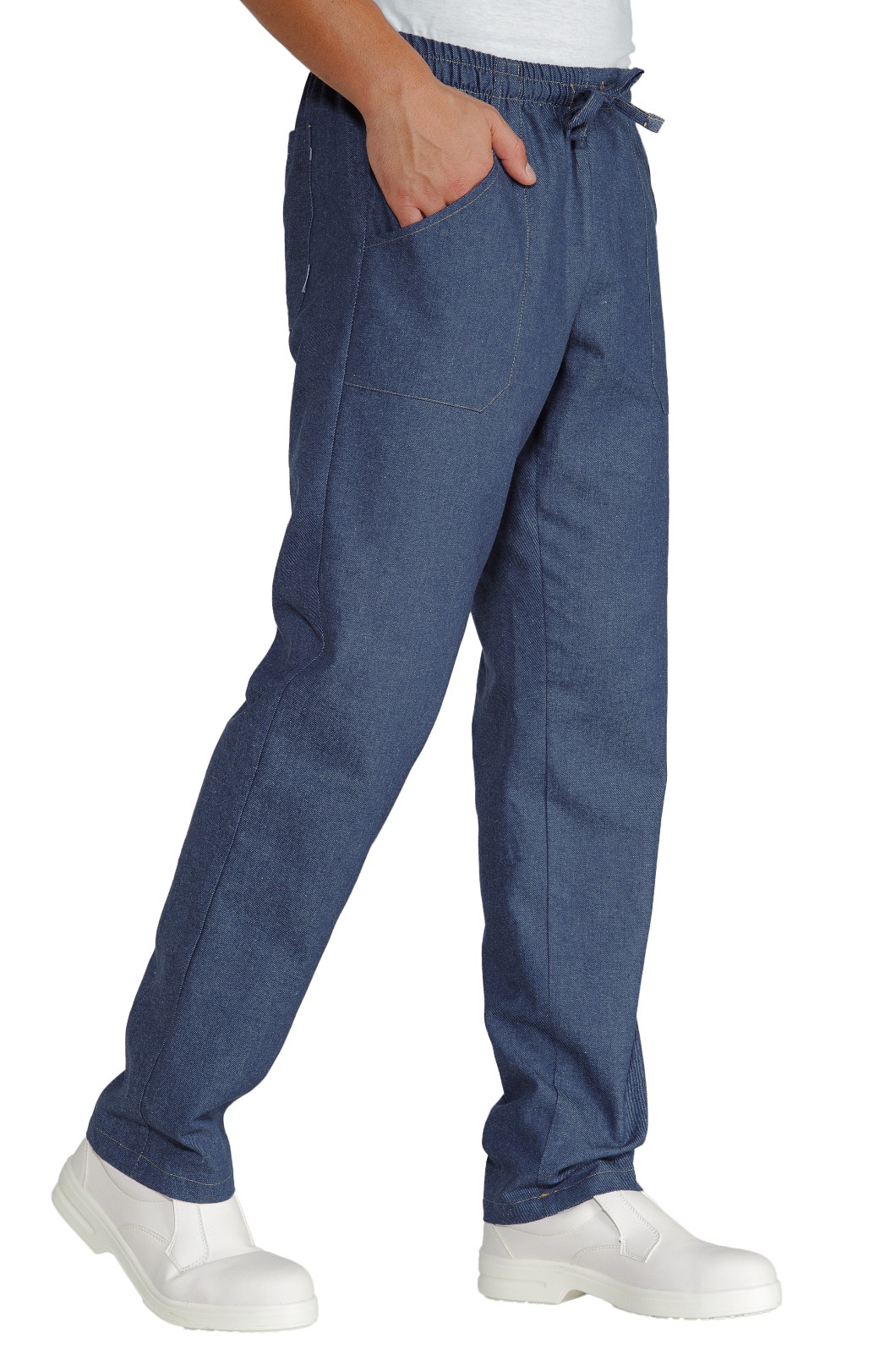 Pantalaccio in jeans blu e nero con cuolisse e elastico in vita - immagine 2