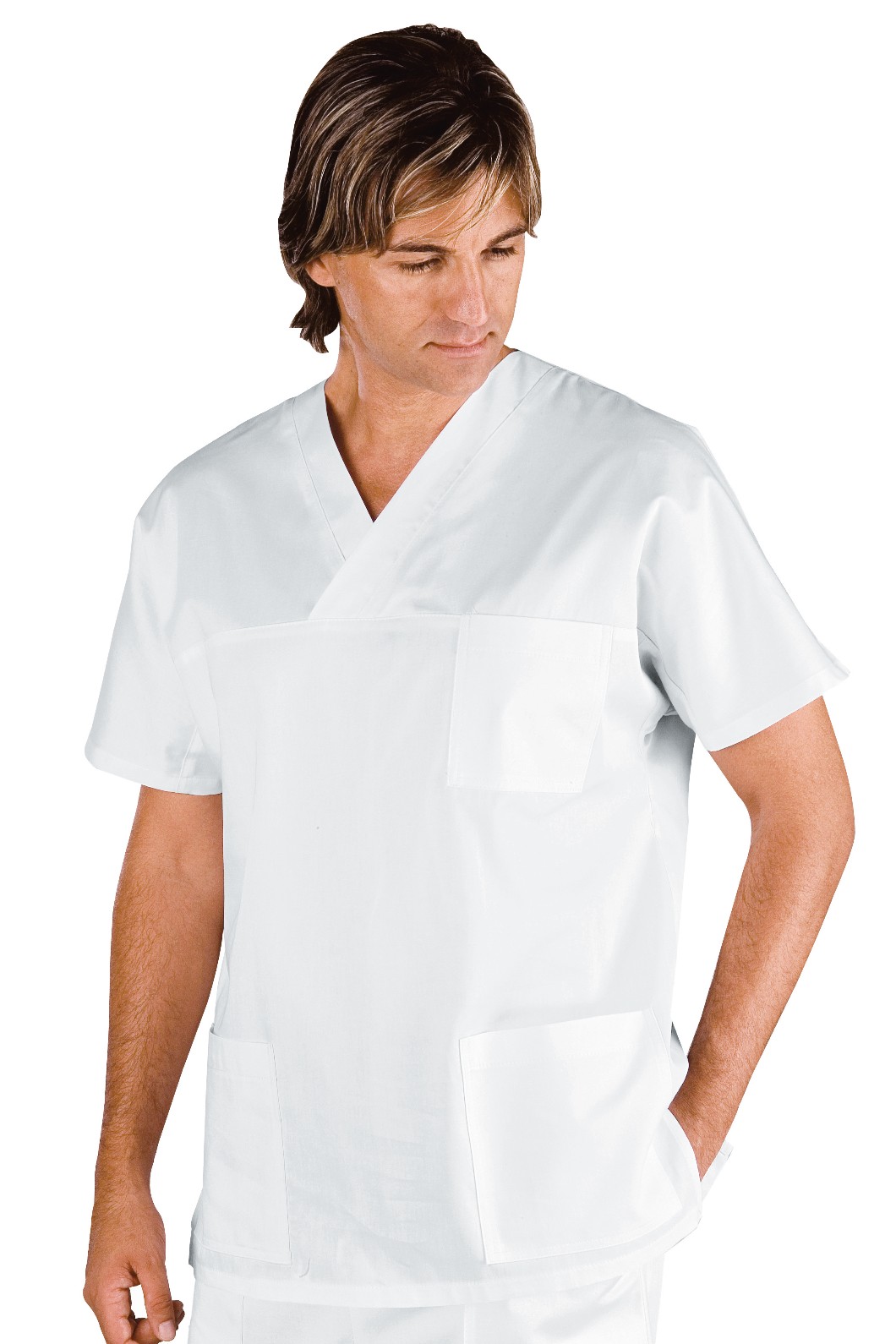 Casacca uomo bianca scollo a V medicale leggera misto cotone gr. 150