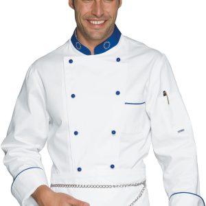 Giacca chef bianca con profili Eurochef doppio petto bottoni a pallina ML MC