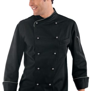 LIMA - Giacca chef nera con profili e bottoni a pallina argento con rete areazione ascellare ML MC