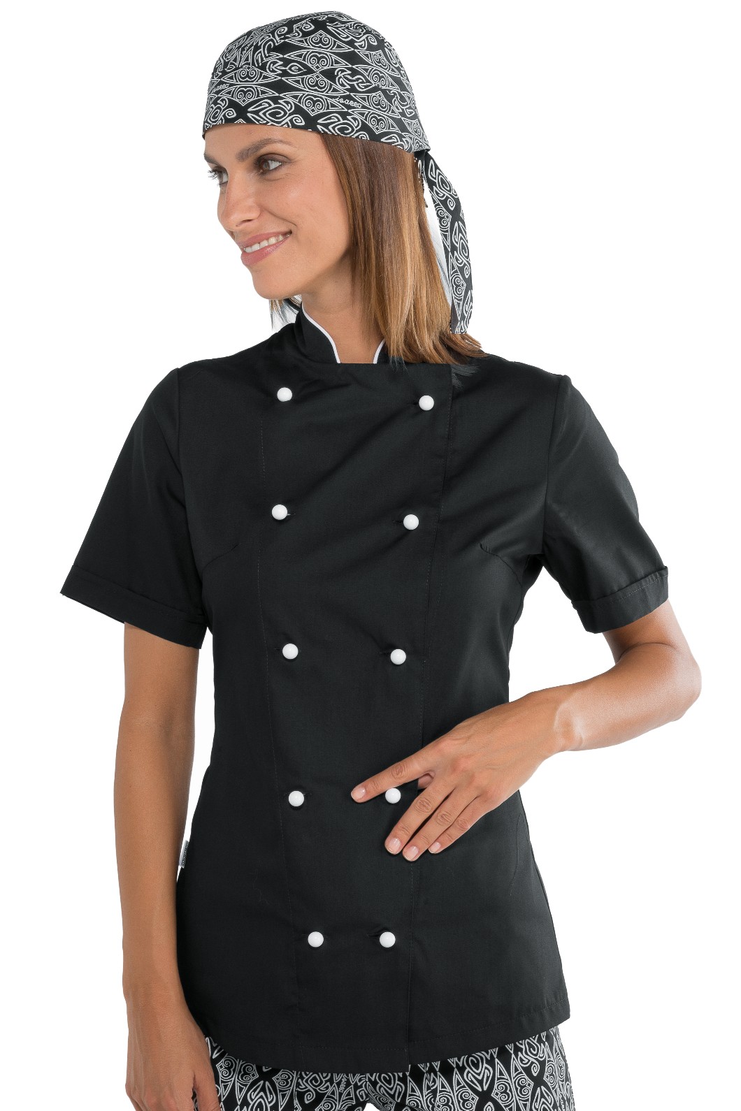 LADY CHEF -Giacca donna chef rosa, nero bordi e bottoni ML MC - immagine 5