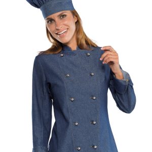 LADY CHEF - Giacca chef donna in jeans bottoni a pallina argentati ML MC
