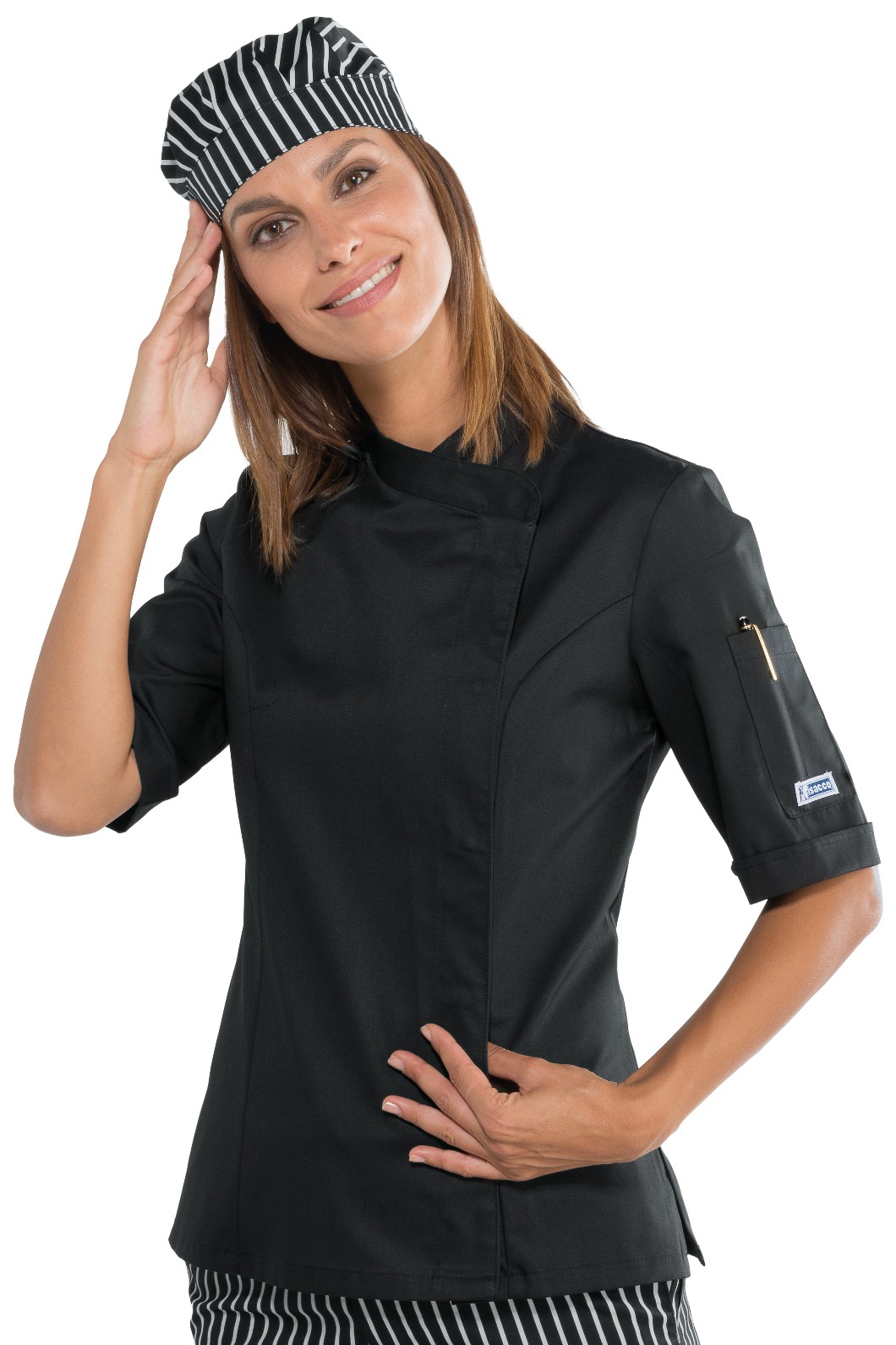 LADY SNAPS - Giacca Chef donna nera, nera e bianca o nera con profili fuxia ML MC - immagine 3