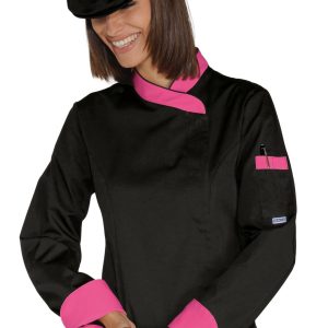 LADY SNAPS - Giacca Chef donna nera, nera e bianca o nera con profili fuxia ML MC