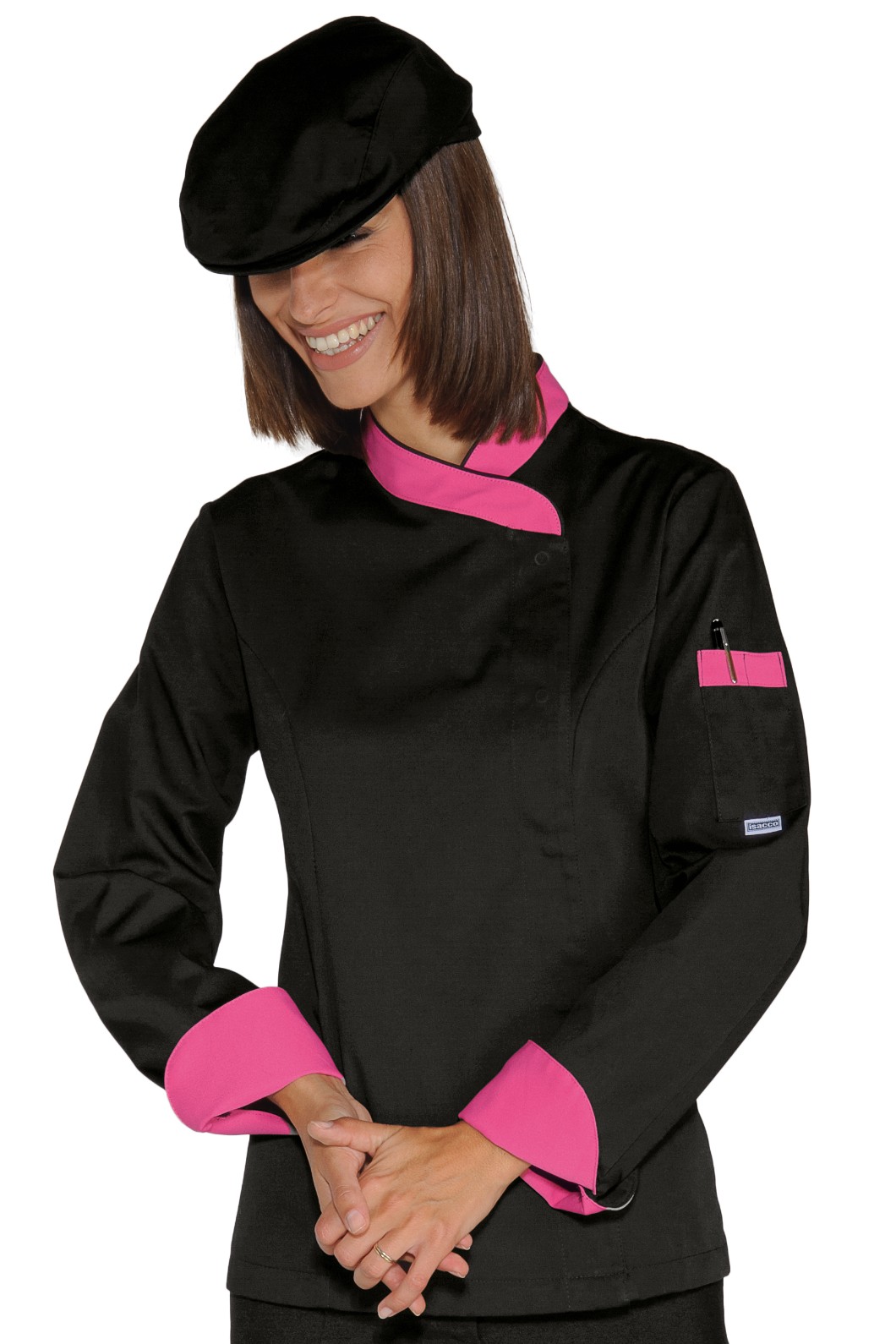 LADY SNAPS - Giacca Chef donna nera, nera e bianca o nera con profili fuxia ML MC