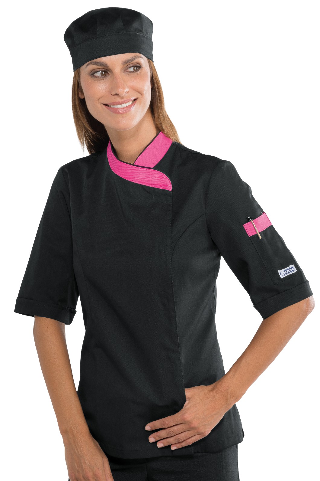LADY SNAPS - Giacca Chef donna nera, nera e bianca o nera con profili fuxia ML MC - immagine 6