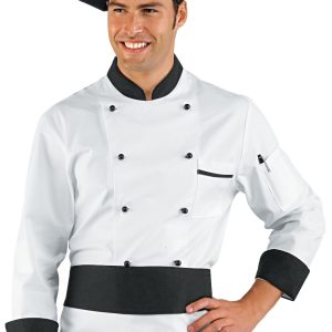 Giacca chef bianca in cotone doppio petto con profili e inserti neri ML MC