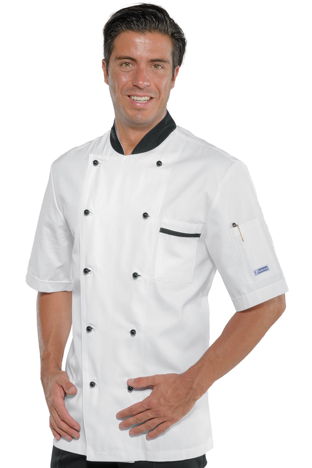 Giacca chef bianca in cotone doppio petto con profili e inserti neri ML MC - immagine 3