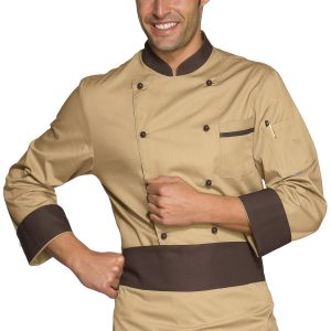 Giaccachef doppio petto biscotto con profili marrone misto cotone gr. 195 ML MC