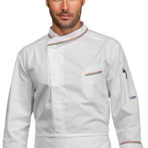 BILBAO - Giacca chef bianca con profili tricolore bottoni a pressione ML MC