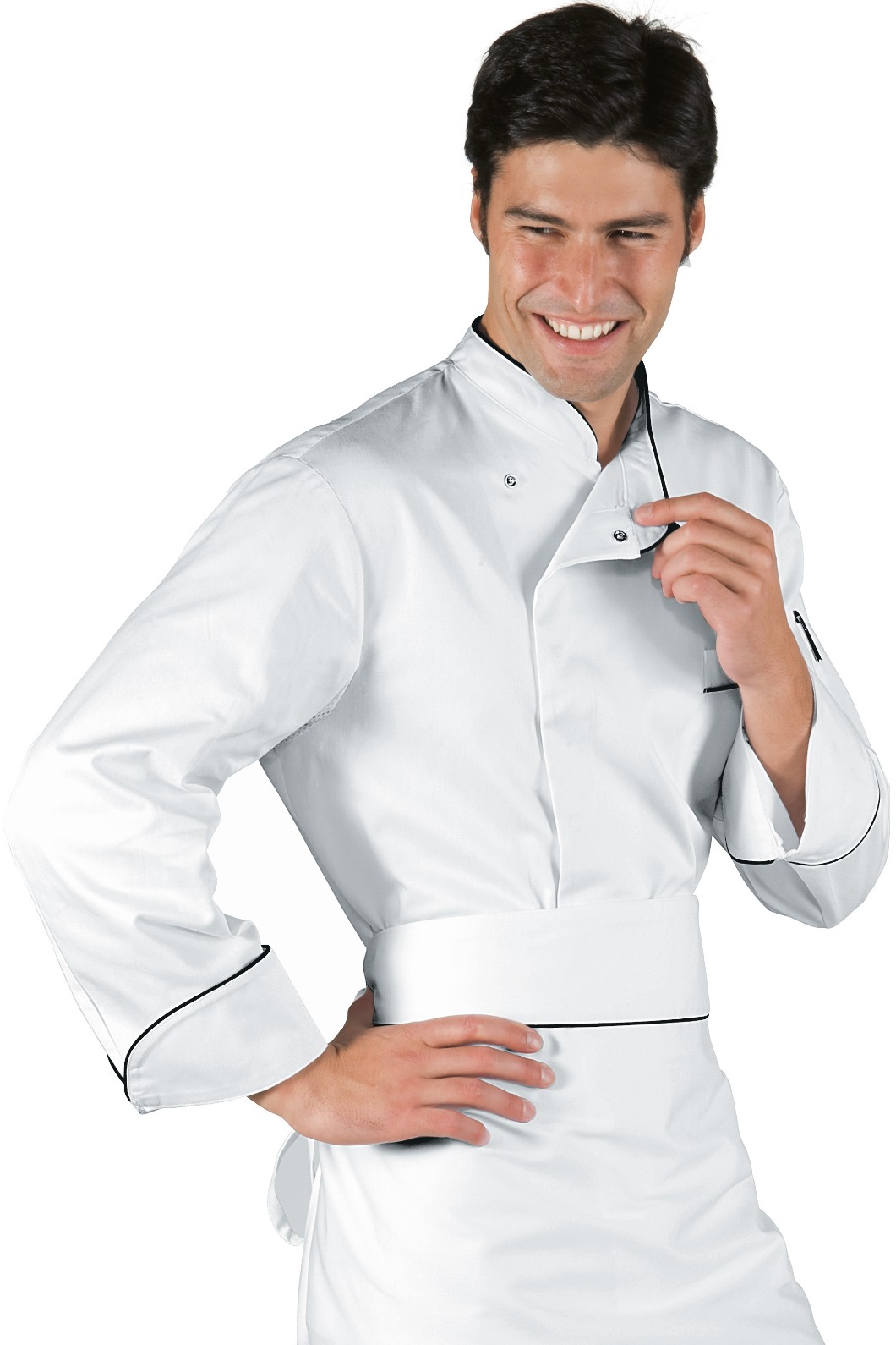 BILBAO - Giacca chef bianca con profili neri e bottoni a pressione in cotone ML MC gr. 210