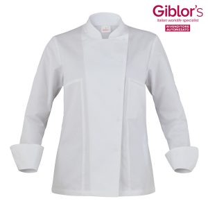 Giacca Cuoco Donna Bianca In Cotone Con Bottoni Automatici Allacciatura Laterale Manica Lunga Per Chef, Cuoco, Ristorazione.