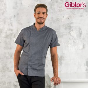 Giacca Uomo da Cuoco Leggera a Maniche Corte con Collo alla Coreana e Bottoni Automatici Nascosti